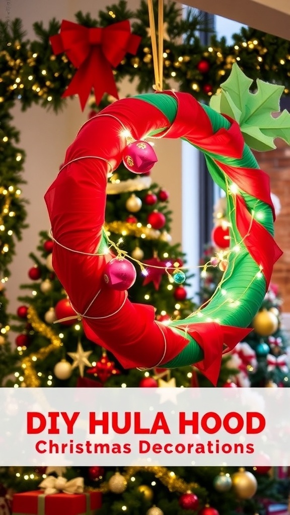DIY hula hoop Christmas decoration wrapped in fabric with lights and ornaments, displayed with a Christmas tree.